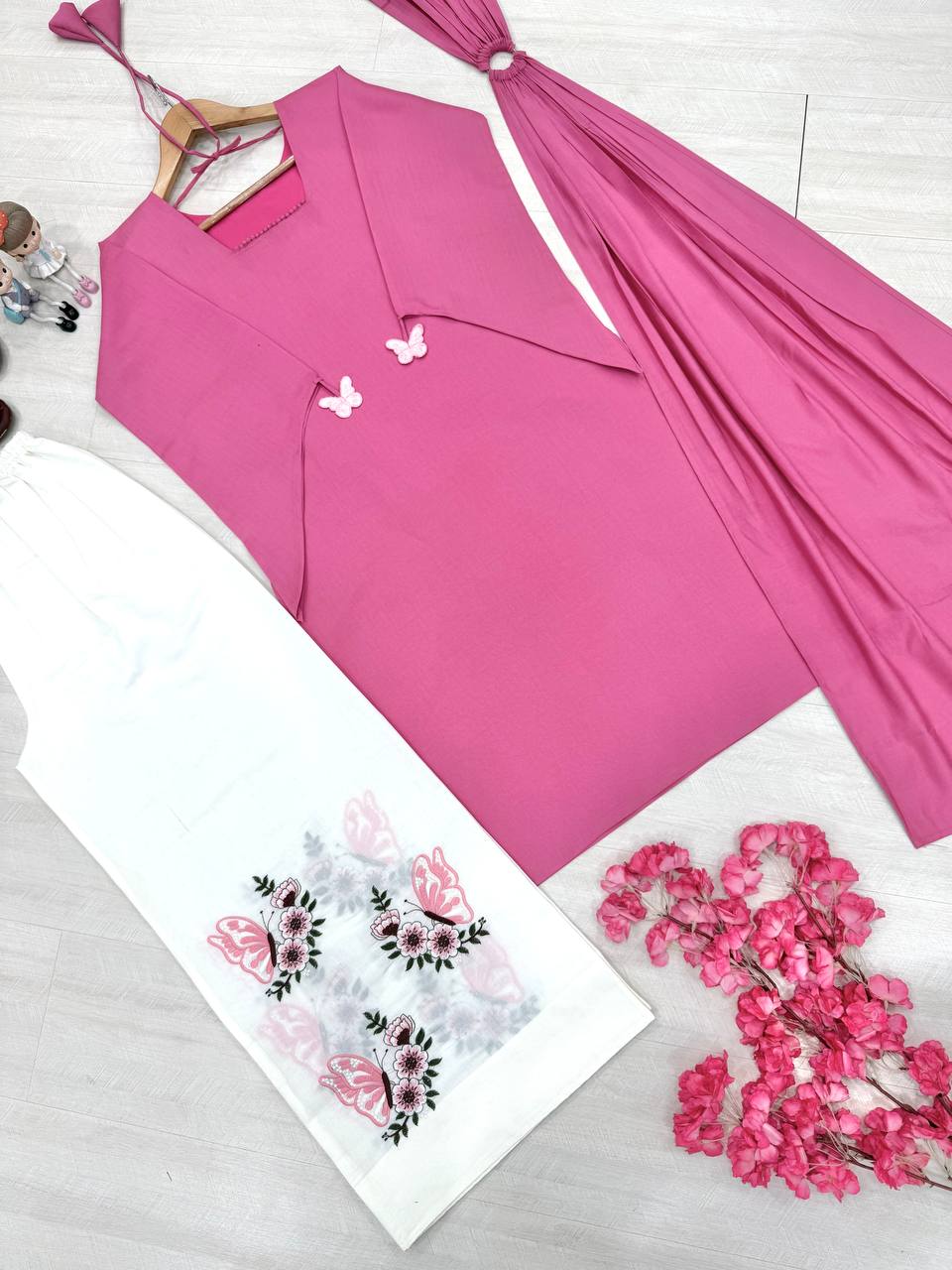 Avenza Roman Silk Kurti Palazzo Set with Embroidered Thread Work, Tassel Sleeves & Ring Dupatta