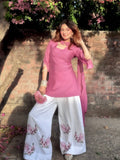 Avenza Roman Silk Kurti Palazzo Set with Embroidered Thread Work, Tassel Sleeves & Ring Dupatta