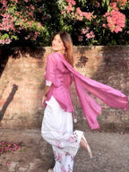 Avenza Roman Silk Kurti Palazzo Set with Embroidered Thread Work, Tassel Sleeves & Ring Dupatta