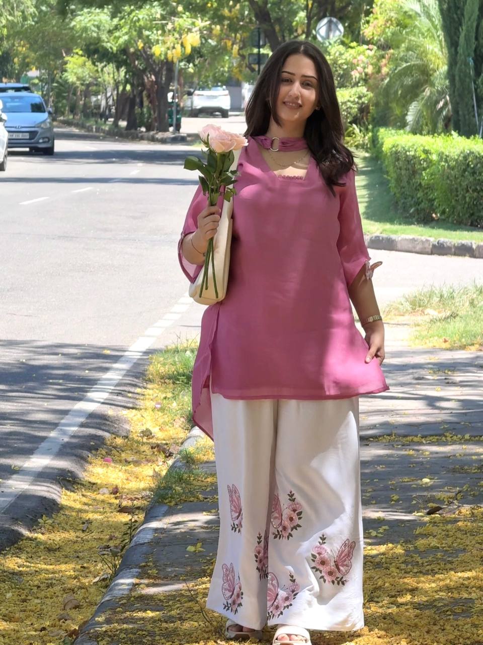 Avenza Roman Silk Kurti Palazzo Set with Embroidered Thread Work, Tassel Sleeves & Ring Dupatta