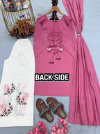 Avenza Roman Silk Kurti Palazzo Set with Embroidered Thread Work, Tassel Sleeves & Ring Dupatta