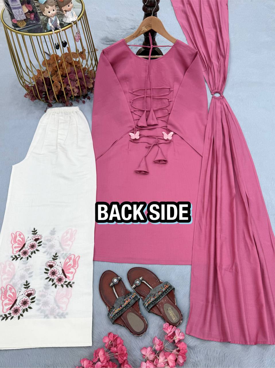Avenza Roman Silk Kurti Palazzo Set with Embroidered Thread Work, Tassel Sleeves & Ring Dupatta