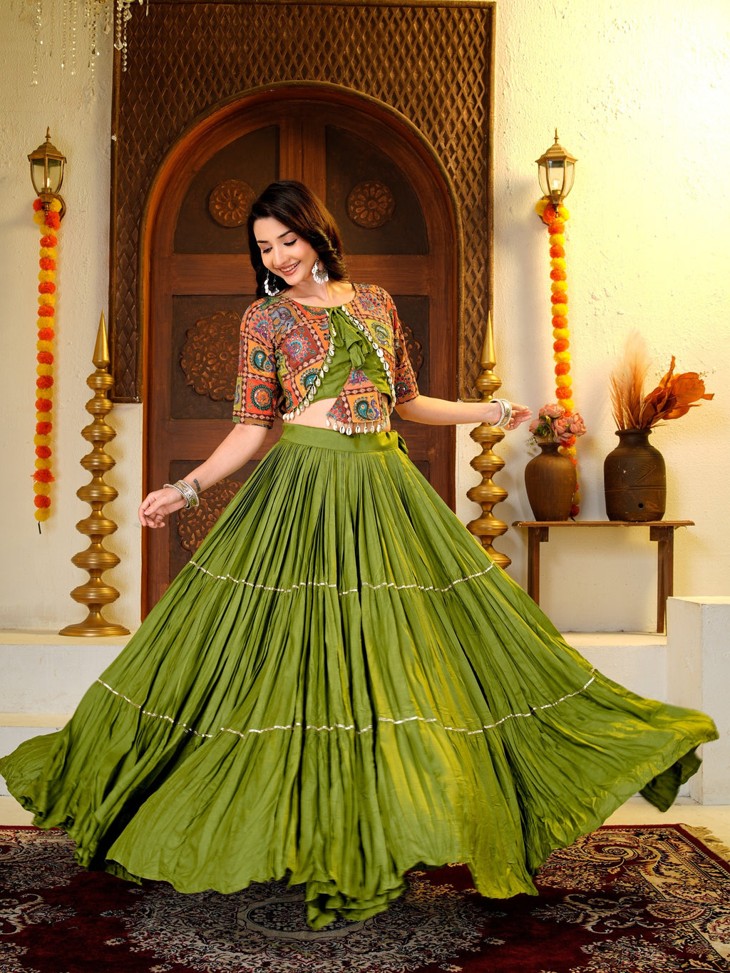Garvi Navratri Pure Cotton Choli Lehenga with 9 Meter Flair, Ribbon Lace & Real Kodi Hand Work