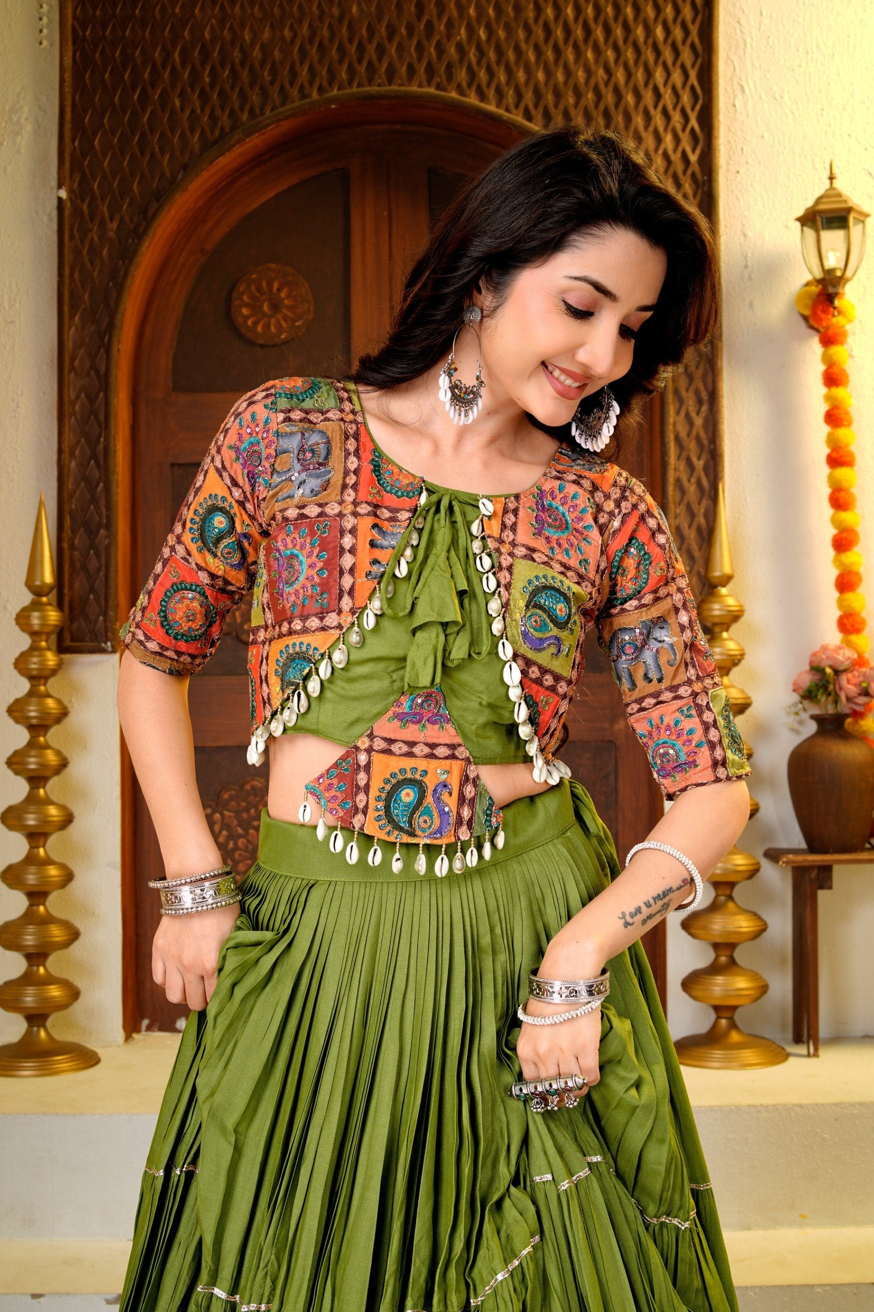 Garvi Navratri Pure Cotton Choli Lehenga with 9 Meter Flair, Ribbon Lace & Real Kodi Hand Work
