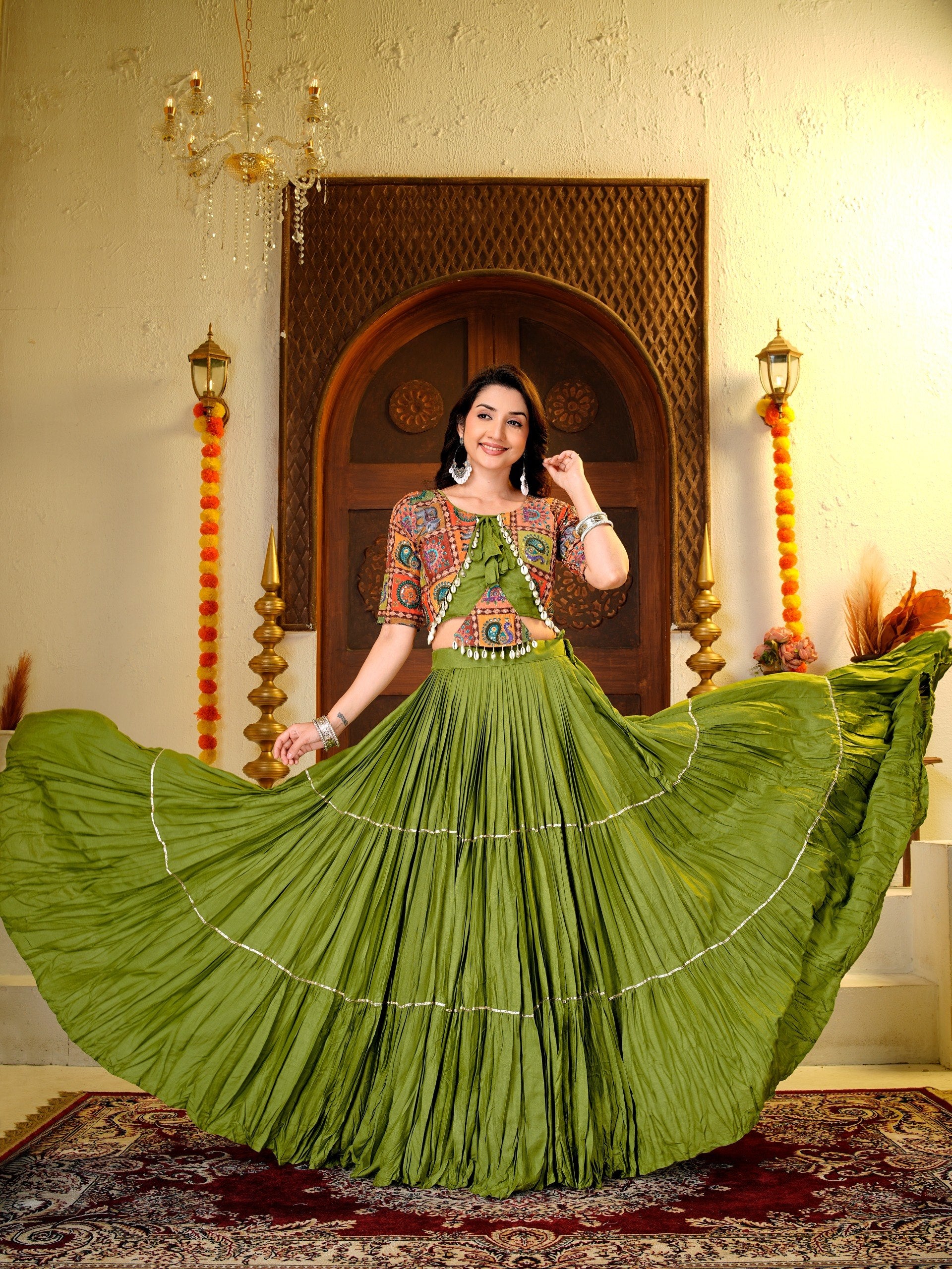 Garvi Navratri Pure Cotton Choli Lehenga with 9 Meter Flair, Ribbon Lace & Real Kodi Hand Work