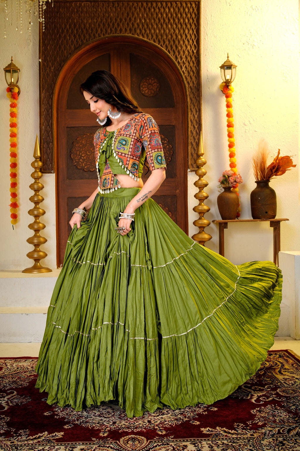 Garvi Navratri Pure Cotton Choli Lehenga with 9 Meter Flair, Ribbon Lace & Real Kodi Hand Work