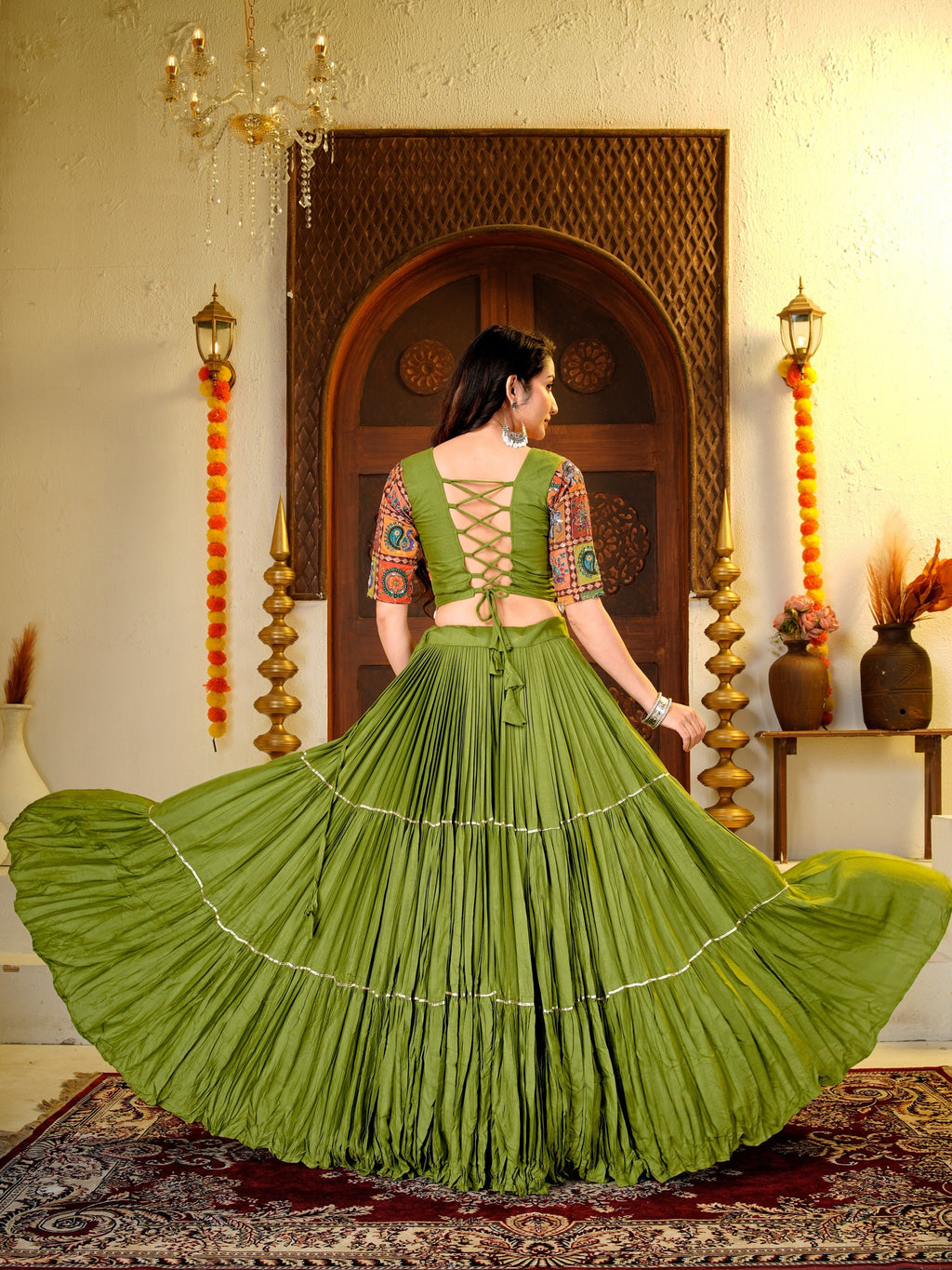 Garvi Navratri Pure Cotton Choli Lehenga with 9 Meter Flair, Ribbon Lace & Real Kodi Hand Work