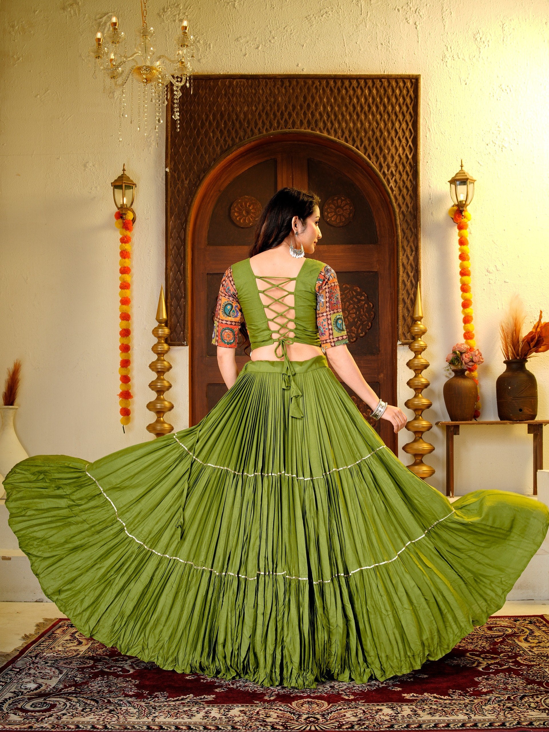 Garvi Navratri Pure Cotton Choli Lehenga with 9 Meter Flair, Ribbon Lace & Real Kodi Hand Work