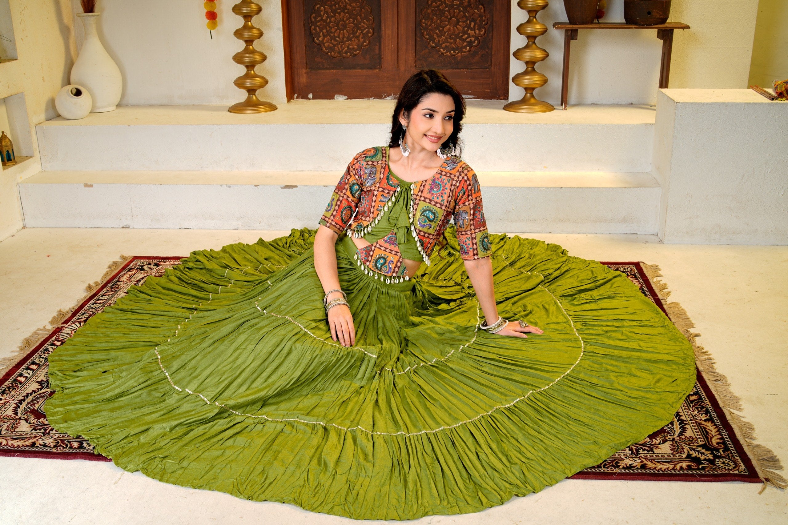 Garvi Navratri Pure Cotton Choli Lehenga with 9 Meter Flair, Ribbon Lace & Real Kodi Hand Work