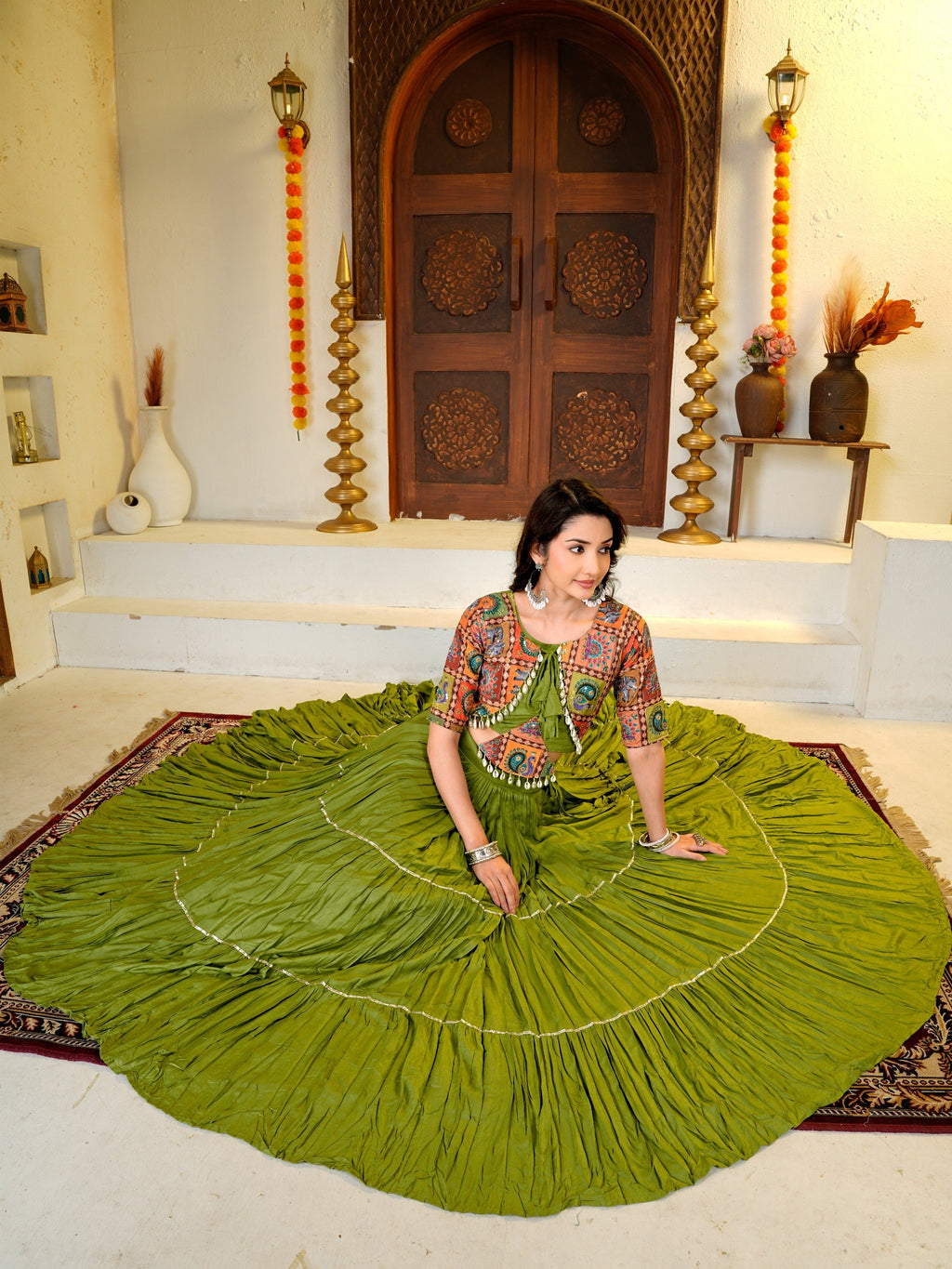 Garvi Navratri Pure Cotton Choli Lehenga with 9 Meter Flair, Ribbon Lace & Real Kodi Hand Work