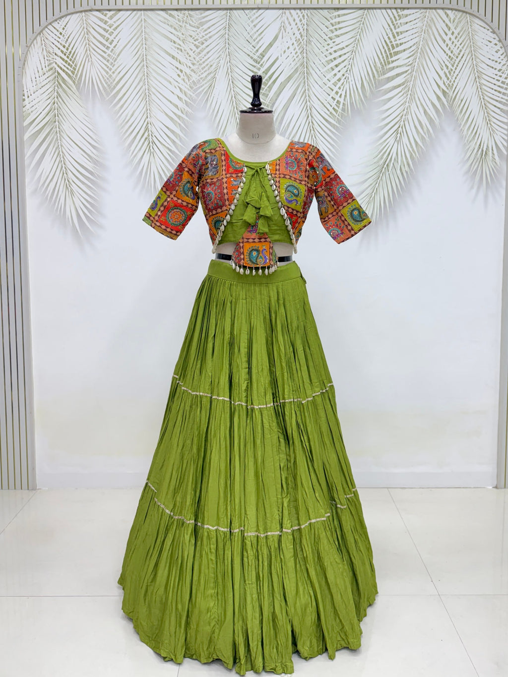Garvi Navratri Pure Cotton Choli Lehenga with 9 Meter Flair, Ribbon Lace & Real Kodi Hand Work