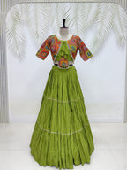 Garvi Navratri Pure Cotton Choli Lehenga with 9 Meter Flair, Ribbon Lace & Real Kodi Hand Work