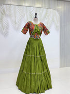 Garvi Navratri Pure Cotton Choli Lehenga with 9 Meter Flair, Ribbon Lace & Real Kodi Hand Work