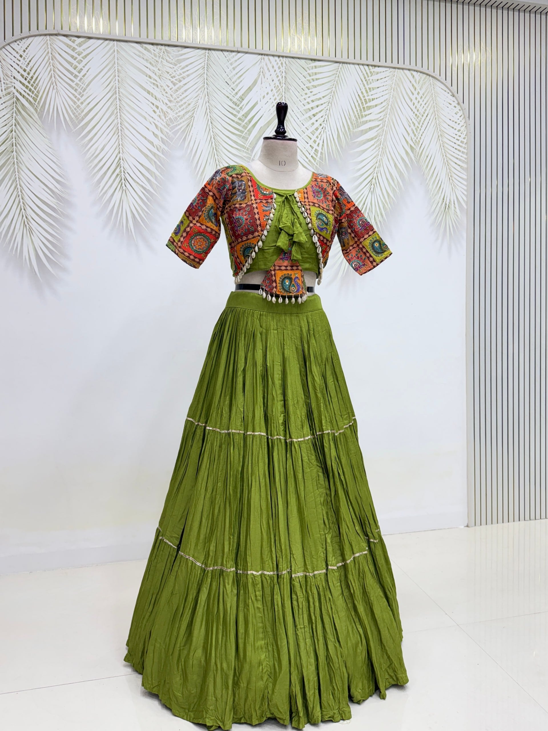Garvi Navratri Pure Cotton Choli Lehenga with 9 Meter Flair, Ribbon Lace & Real Kodi Hand Work