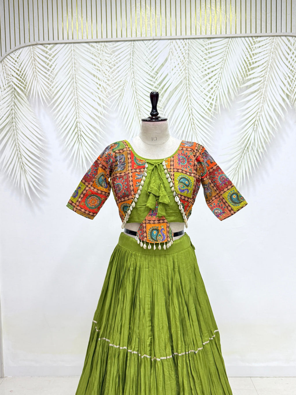 Garvi Navratri Pure Cotton Choli Lehenga with 9 Meter Flair, Ribbon Lace & Real Kodi Hand Work