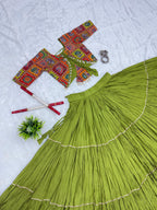 Garvi Navratri Pure Cotton Choli Lehenga with 9 Meter Flair, Ribbon Lace & Real Kodi Hand Work