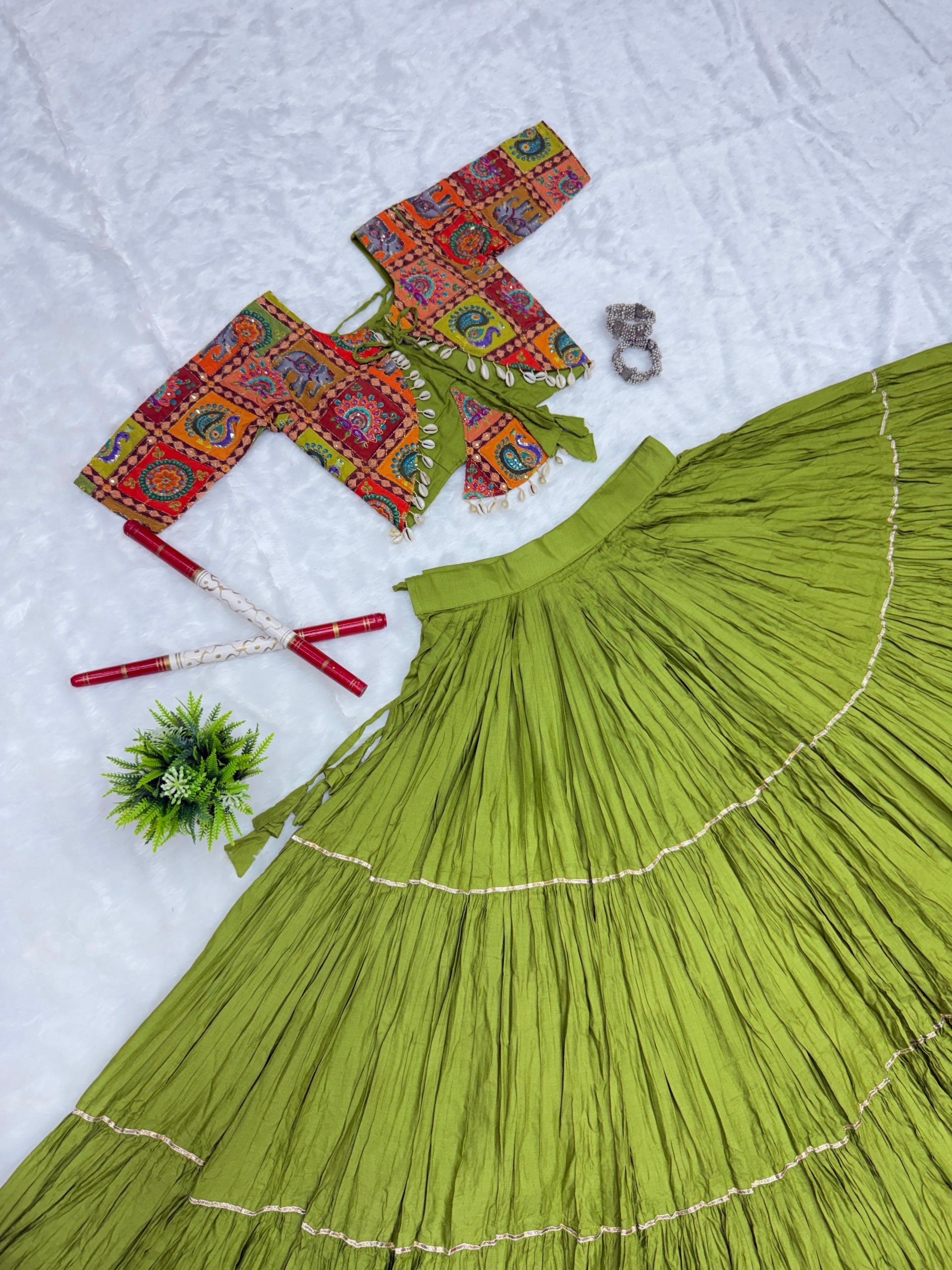 Garvi Navratri Pure Cotton Choli Lehenga with 9 Meter Flair, Ribbon Lace & Real Kodi Hand Work
