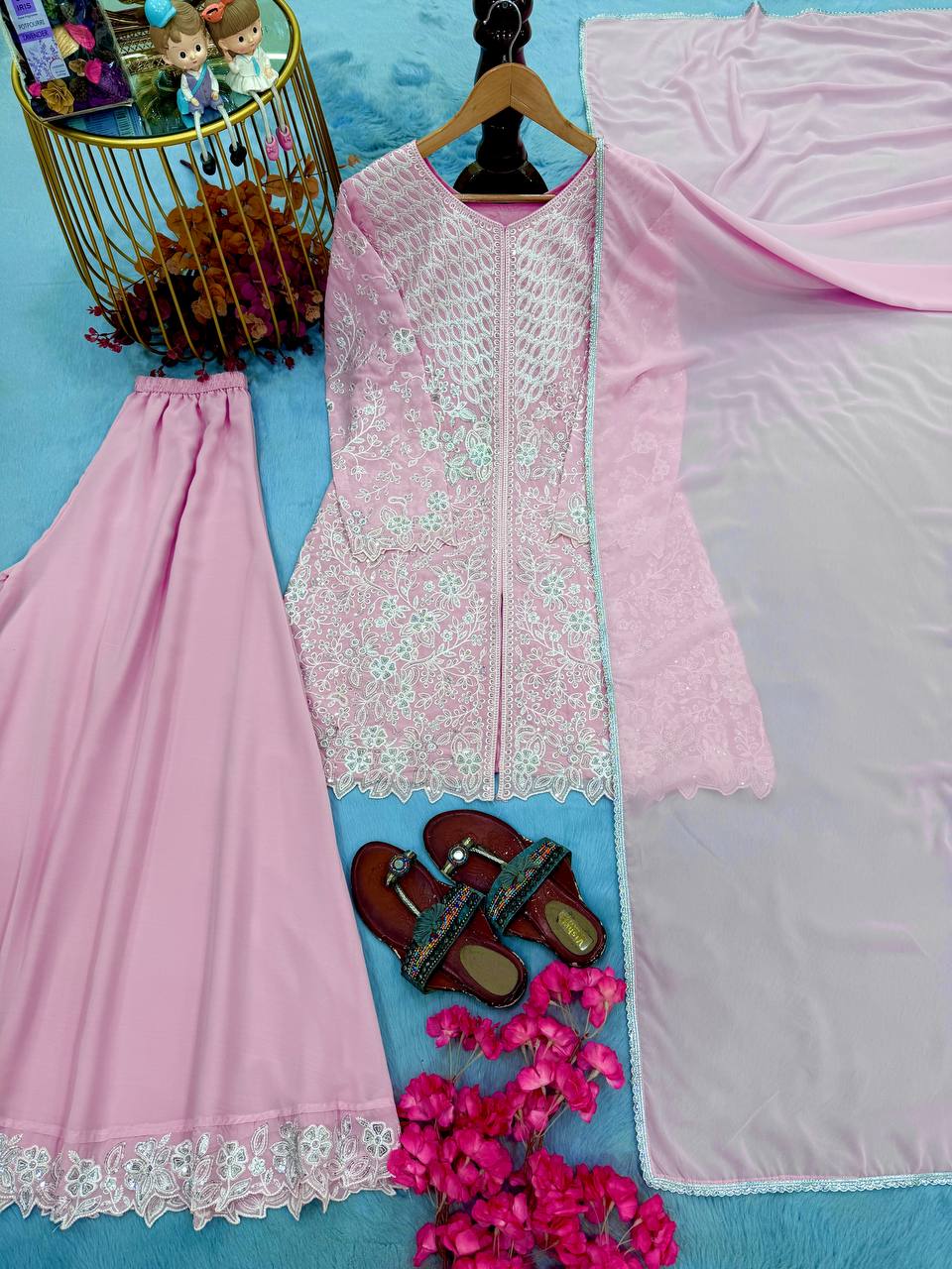 Shivani Georgette Sequins Embroidered Kurti Palazzo Set with Lace Border Dupatta