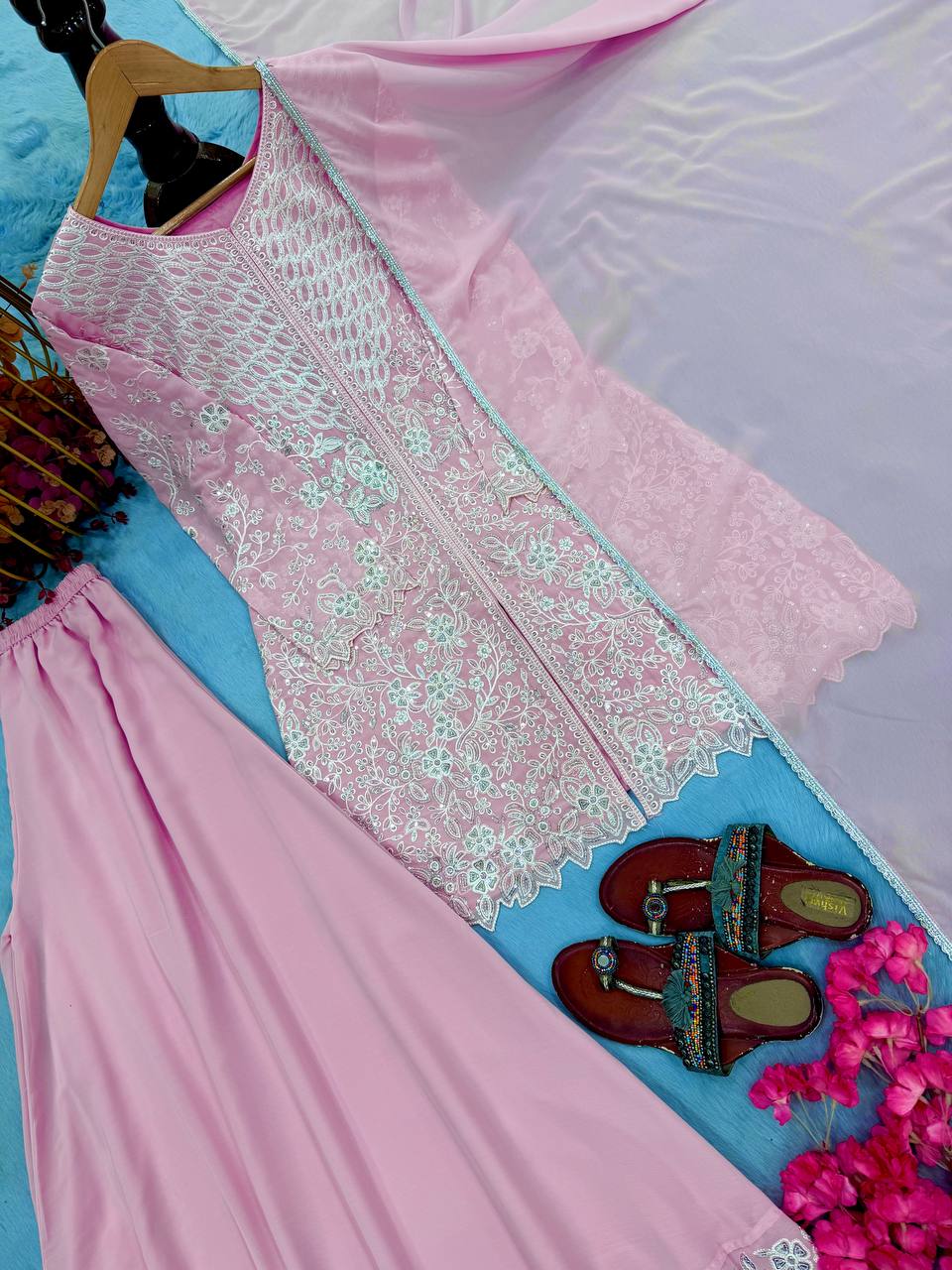 Shivani Georgette Sequins Embroidered Kurti Palazzo Set with Lace Border Dupatta