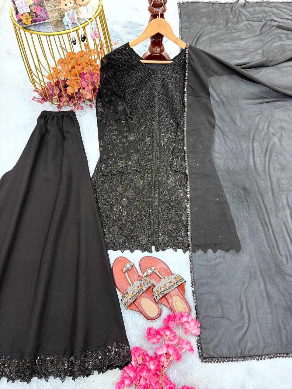 Shivani Georgette Sequins Embroidered Kurti Palazzo Set with Lace Border Dupatta