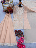 Shivani Georgette Sequins Embroidered Kurti Palazzo Set with Lace Border Dupatta
