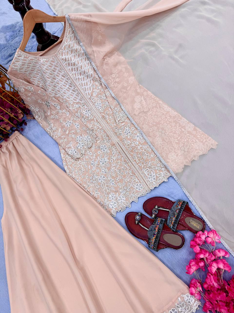 Shivani Georgette Sequins Embroidered Kurti Palazzo Set with Lace Border Dupatta