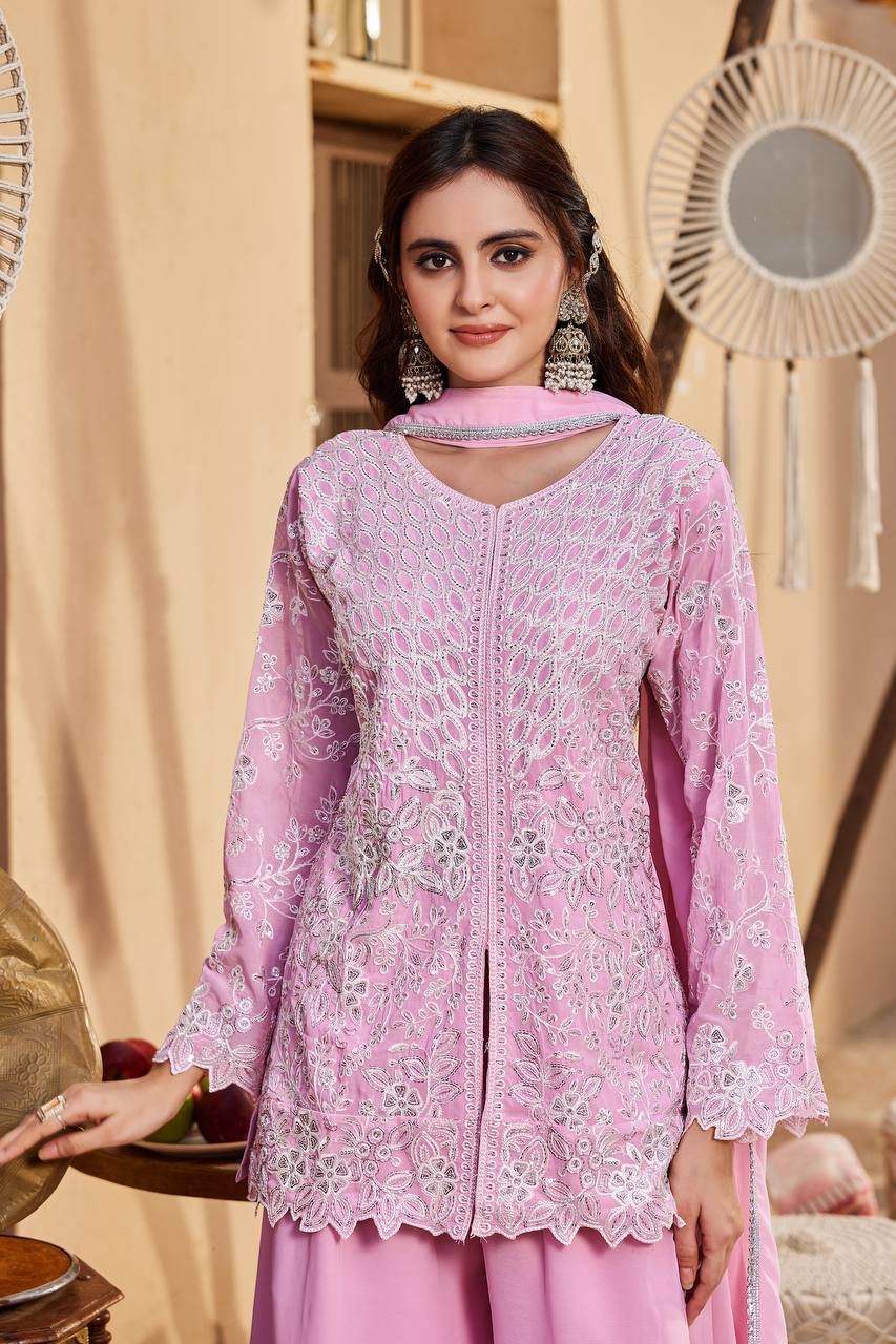 Shivani Georgette Sequins Embroidered Kurti Palazzo Set with Lace Border Dupatta