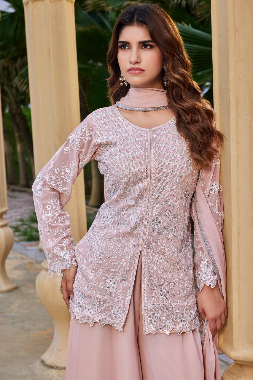 Shivani Georgette Sequins Embroidered Kurti Palazzo Set with Lace Border Dupatta