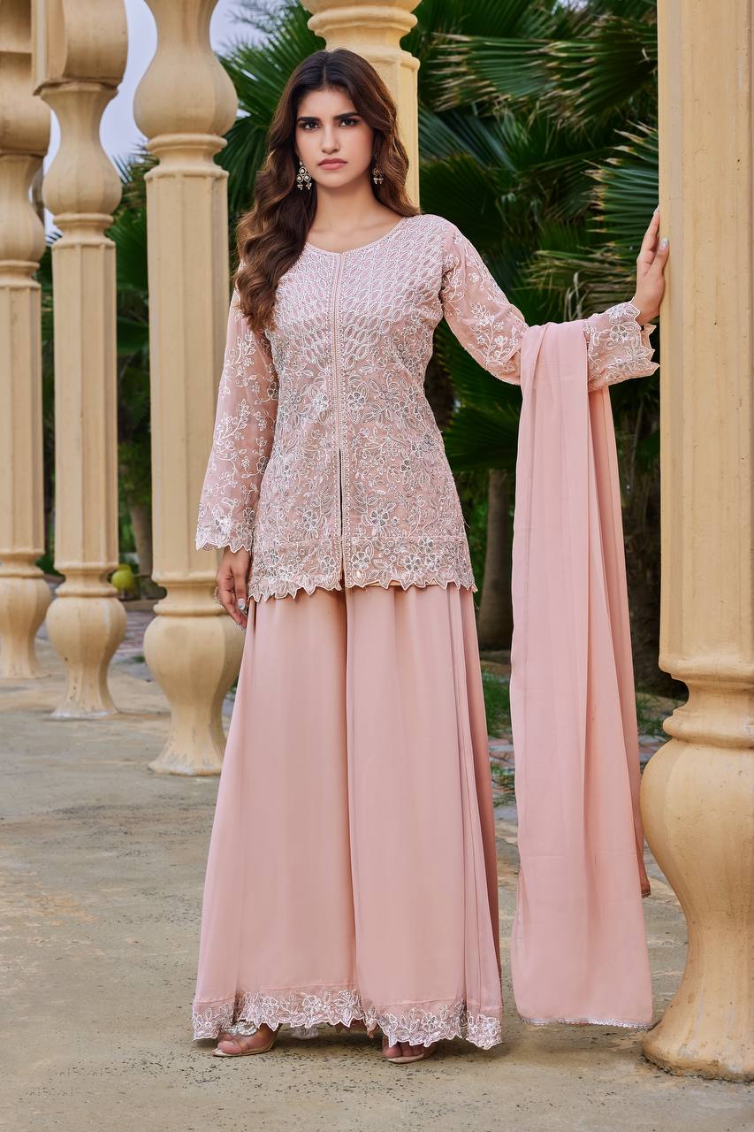Shivani Georgette Sequins Embroidered Kurti Palazzo Set with Lace Border Dupatta