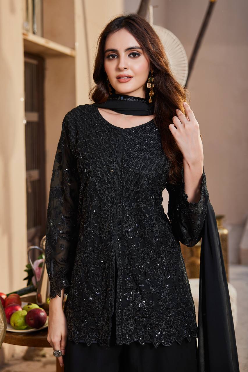 Shivani Georgette Sequins Embroidered Kurti Palazzo Set with Lace Border Dupatta