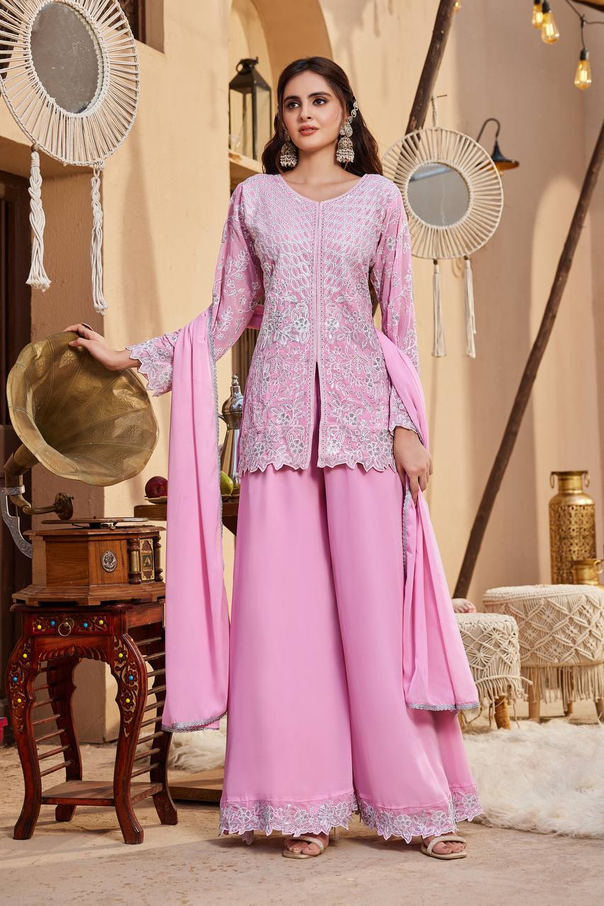 Shivani Georgette Sequins Embroidered Kurti Palazzo Set with Lace Border Dupatta