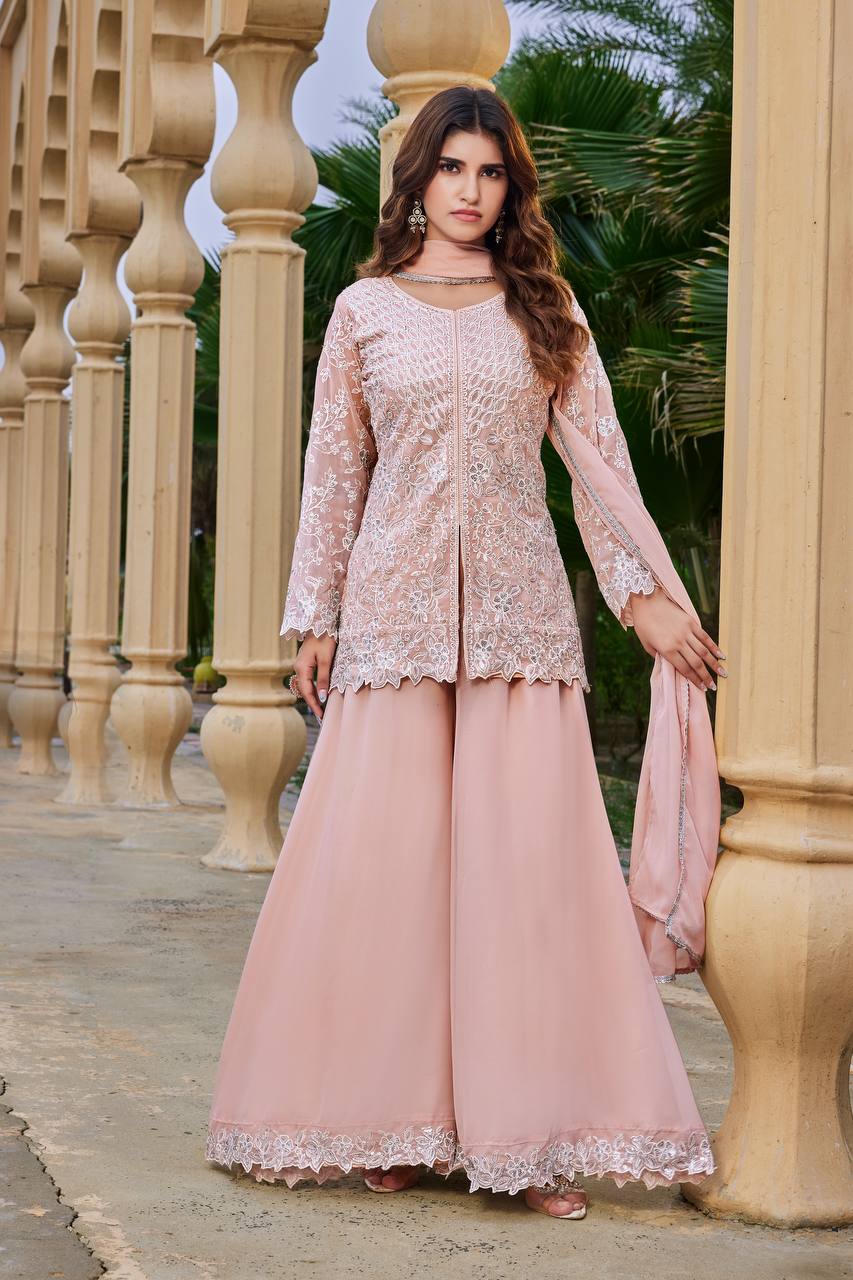 Shivani Georgette Sequins Embroidered Kurti Palazzo Set with Lace Border Dupatta