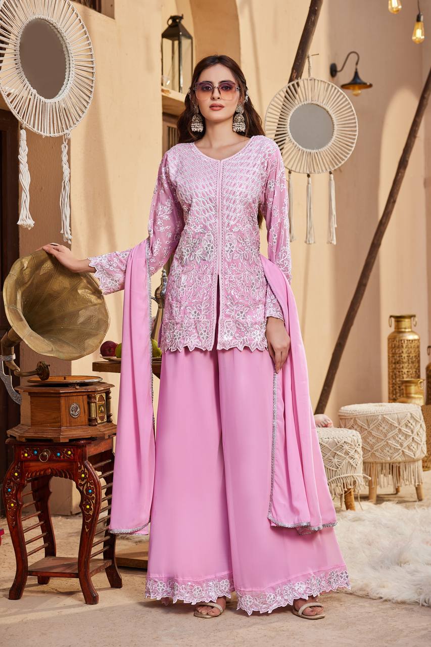 Shivani Georgette Sequins Embroidered Kurti Palazzo Set with Lace Border Dupatta