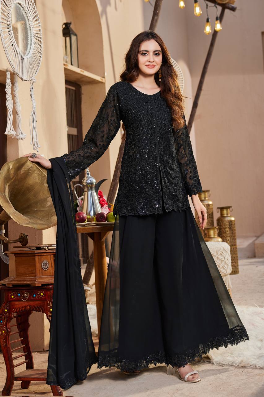 Shivani Georgette Sequins Embroidered Kurti Palazzo Set with Lace Border Dupatta