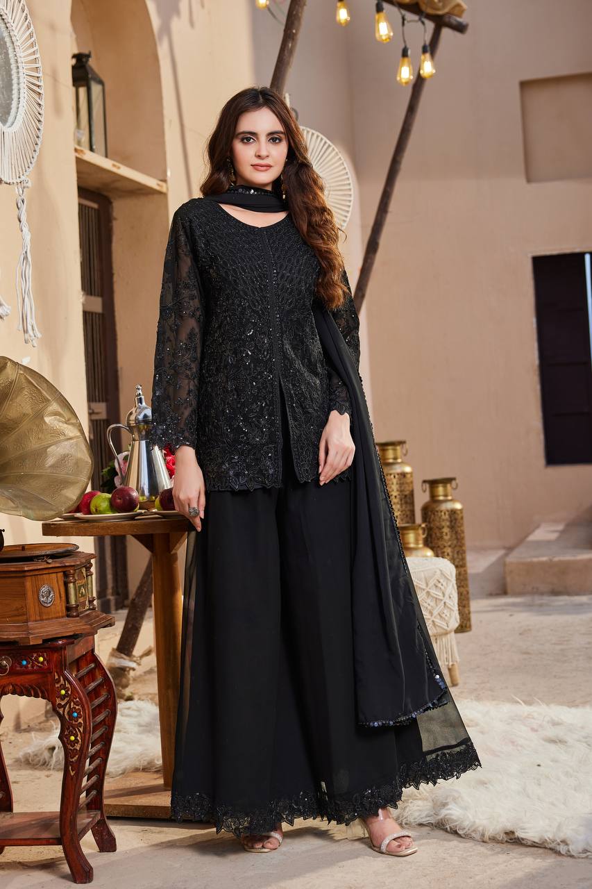Shivani Georgette Sequins Embroidered Kurti Palazzo Set with Lace Border Dupatta