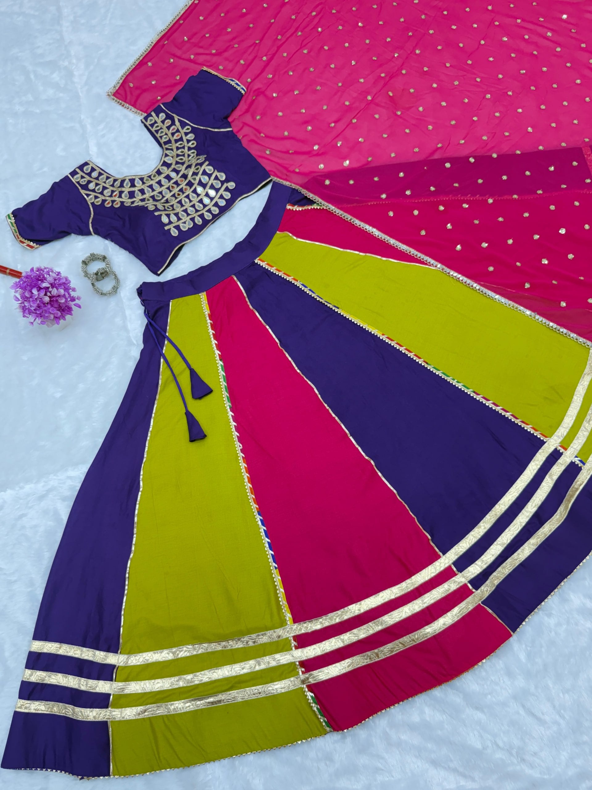 Iravati Pure Cotton Lehenga Set with Mirror Lace Work Choli & Georgette Work Dupatta