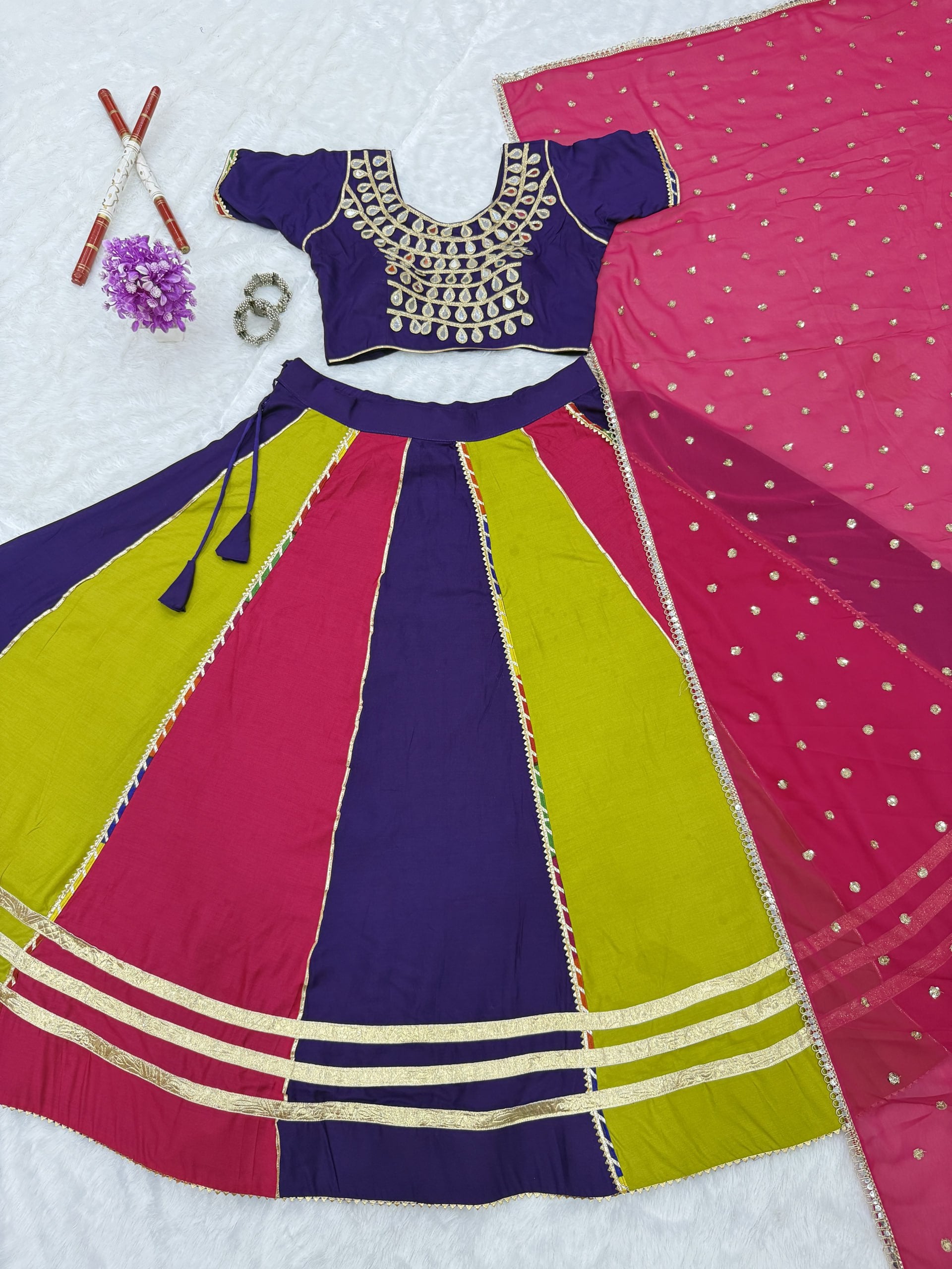 Iravati Pure Cotton Lehenga Set with Mirror Lace Work Choli & Georgette Work Dupatta