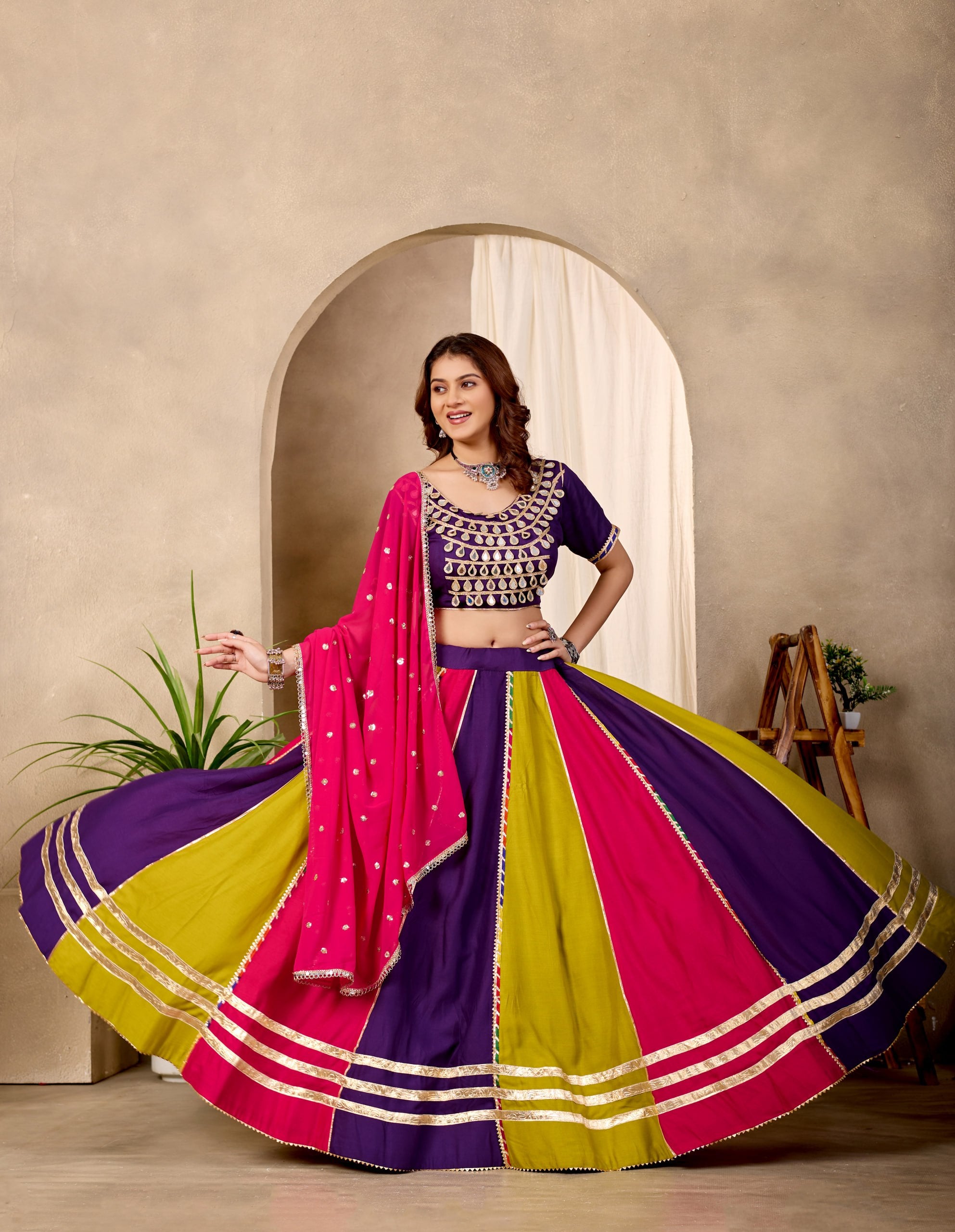 Iravati Pure Cotton Lehenga Set with Mirror Lace Work Choli & Georgette Work Dupatta