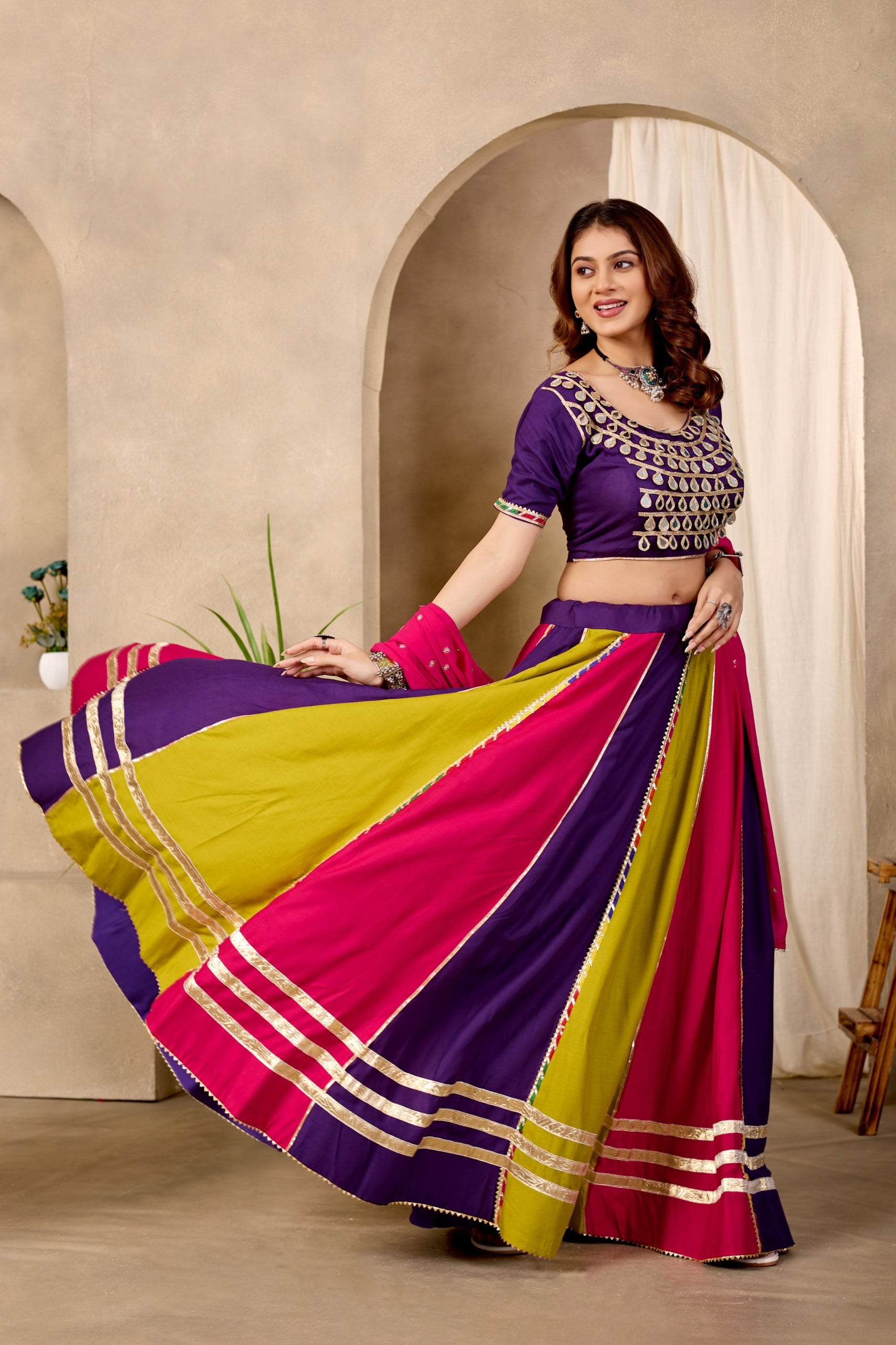 Iravati Pure Cotton Lehenga Set with Mirror Lace Work Choli & Georgette Work Dupatta