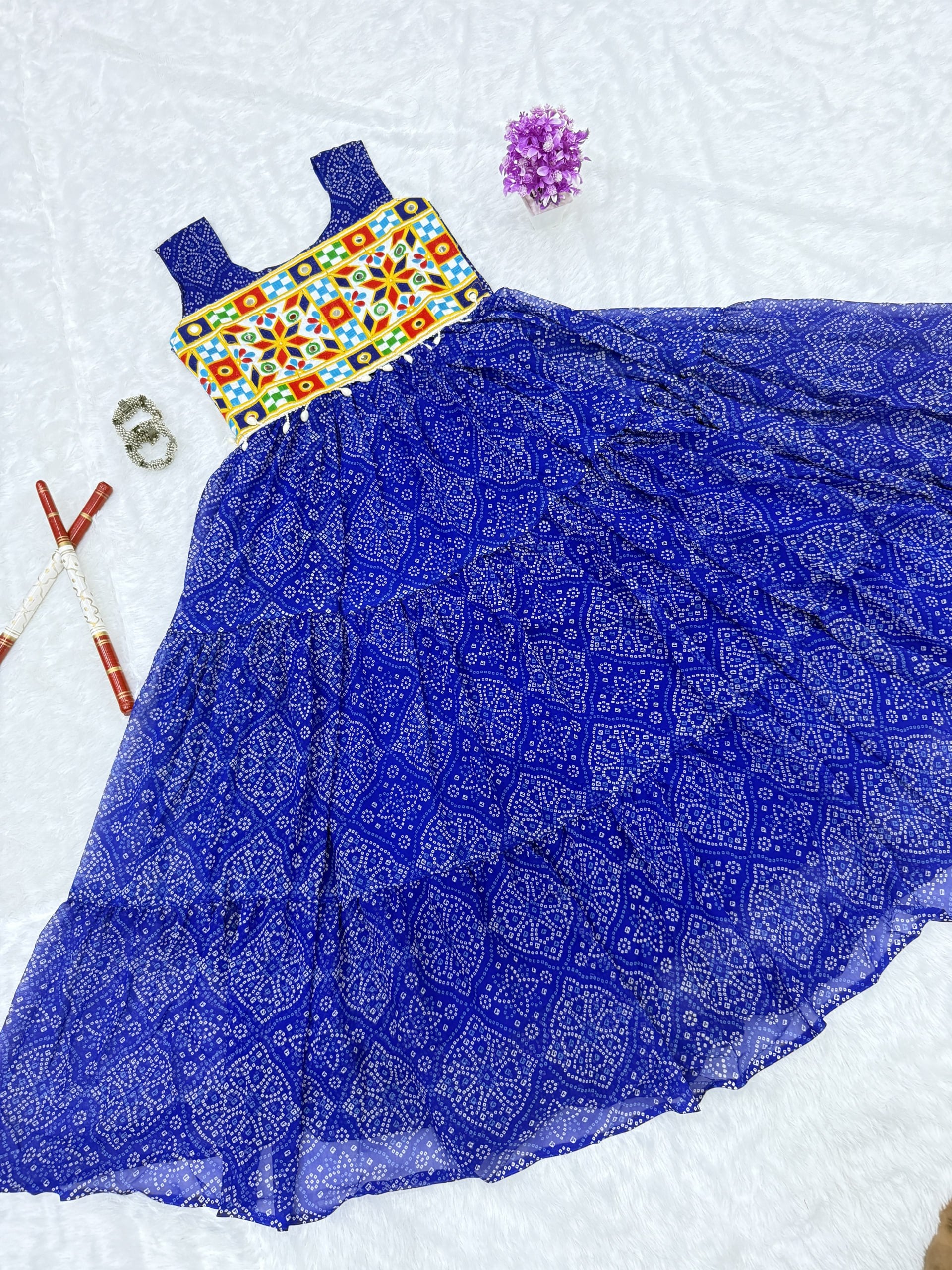 Moksha Bandhej Print Georgette Flared Gown with Gamathi & Mirror Work