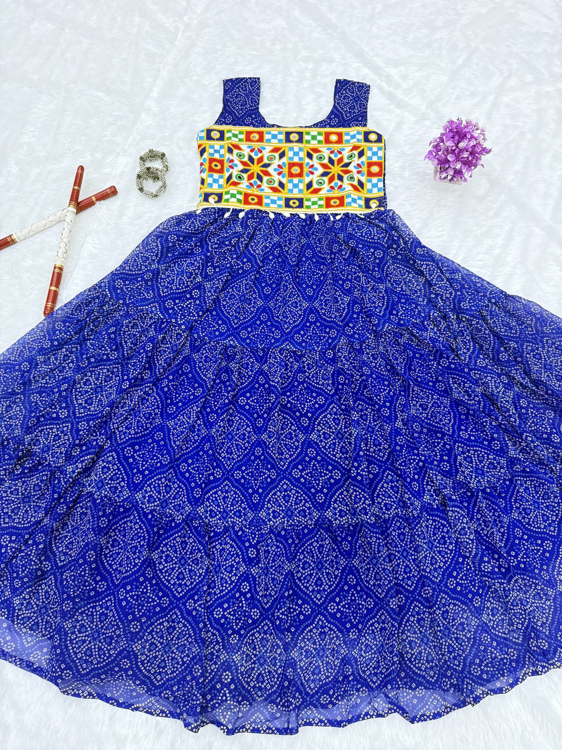 Moksha Bandhej Print Georgette Flared Gown with Gamathi & Mirror Work