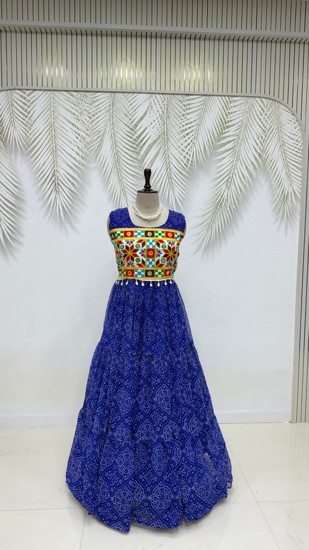 Moksha Bandhej Print Georgette Flared Gown with Gamathi & Mirror Work