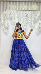 Moksha Bandhej Print Georgette Flared Gown with Gamathi & Mirror Work