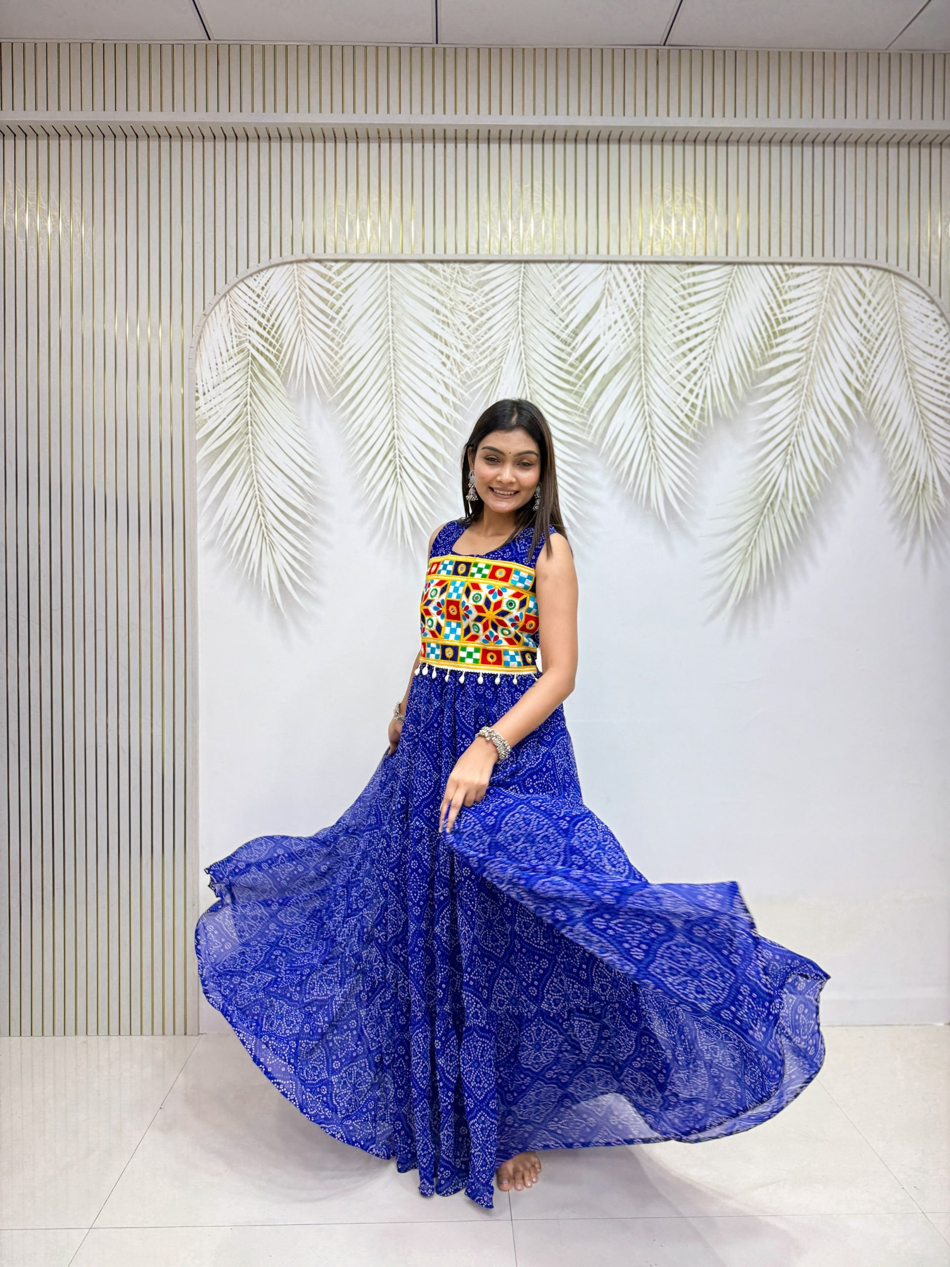 Moksha Bandhej Print Georgette Flared Gown with Gamathi & Mirror Work