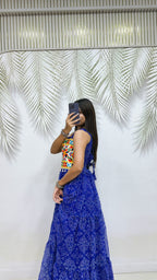 Moksha Bandhej Print Georgette Flared Gown with Gamathi & Mirror Work