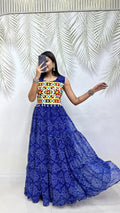 Moksha Bandhej Print Georgette Flared Gown with Gamathi & Mirror Work