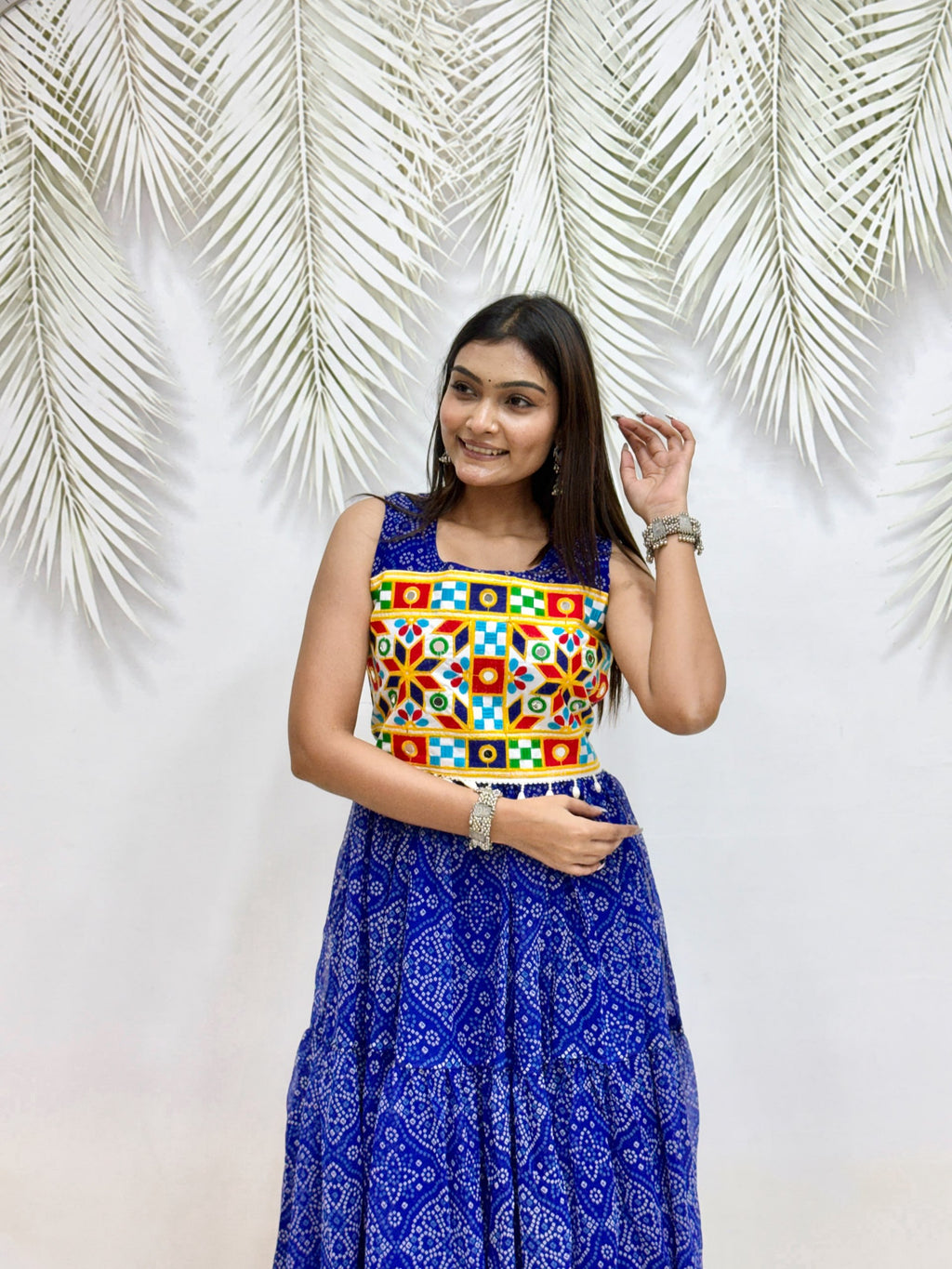 Moksha Bandhej Print Georgette Flared Gown with Gamathi & Mirror Work