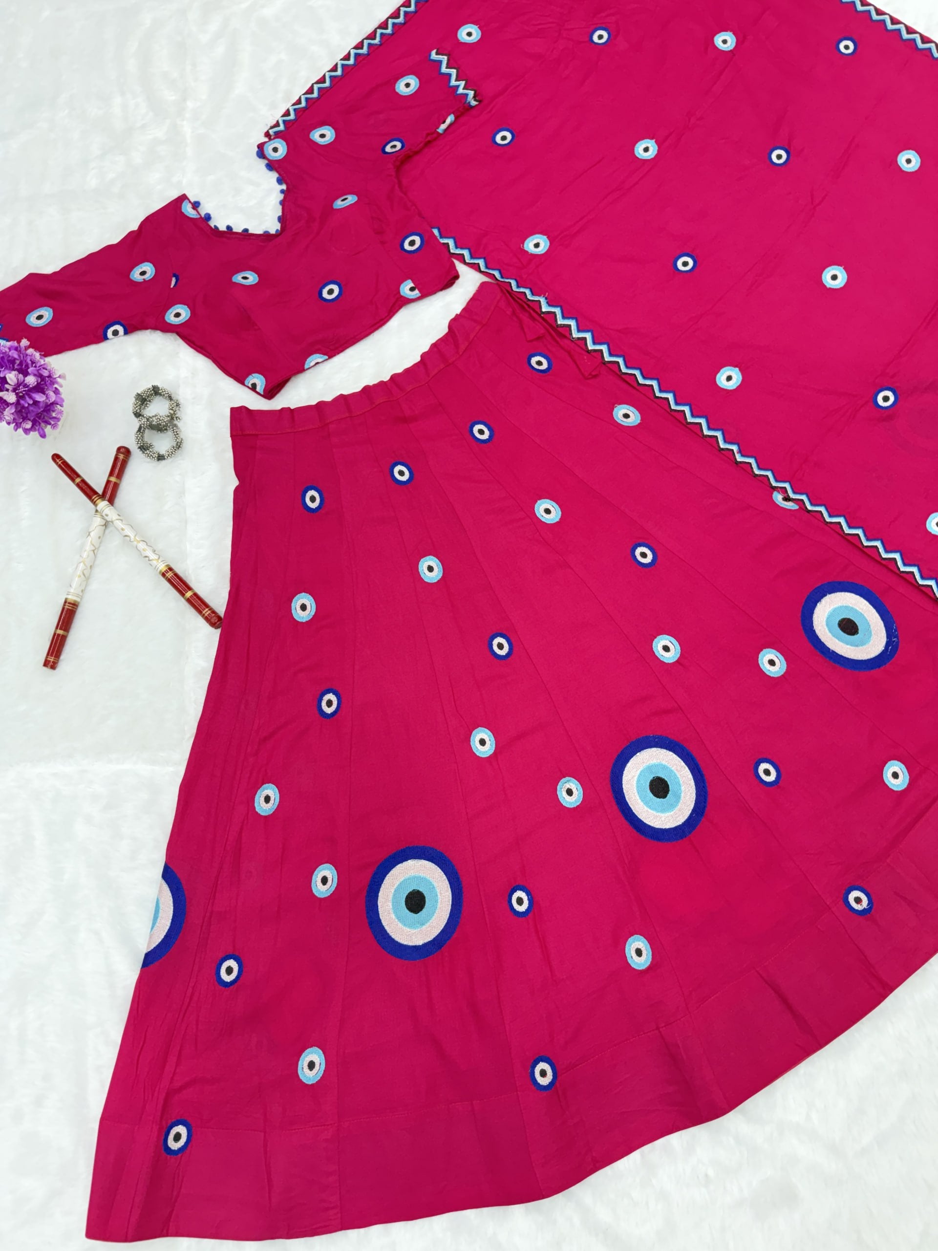 Aaradhya Pure Cotton Flare Lehenga Choli Set with  Evil Eye Threadwork
