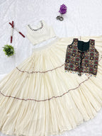 Amodini Cotton Fancy Lace Work Lehenga Set with Mirror Work Choli & Embroidered Shrug