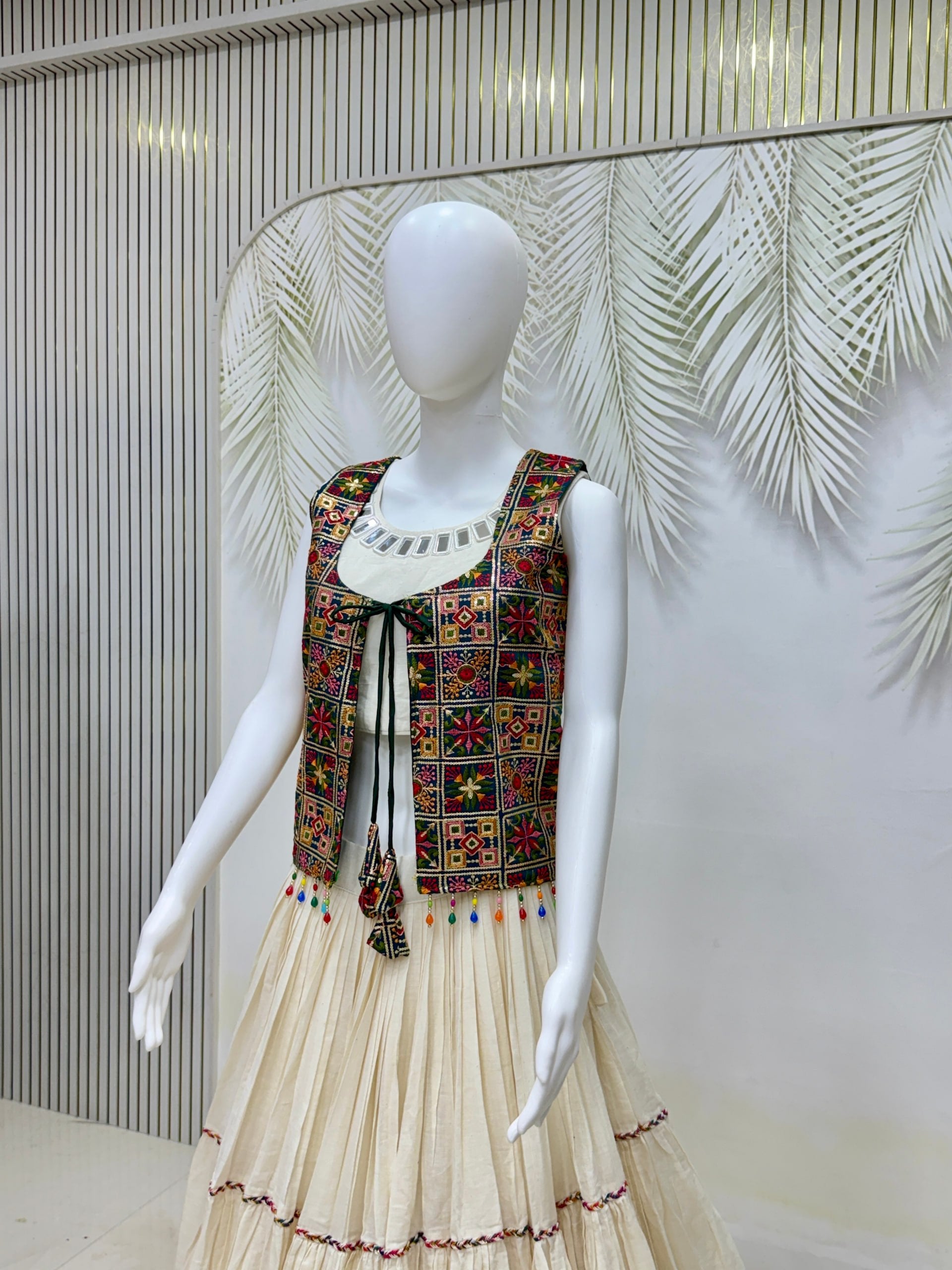 Amodini Cotton Fancy Lace Work Lehenga Set with Mirror Work Choli & Embroidered Shrug